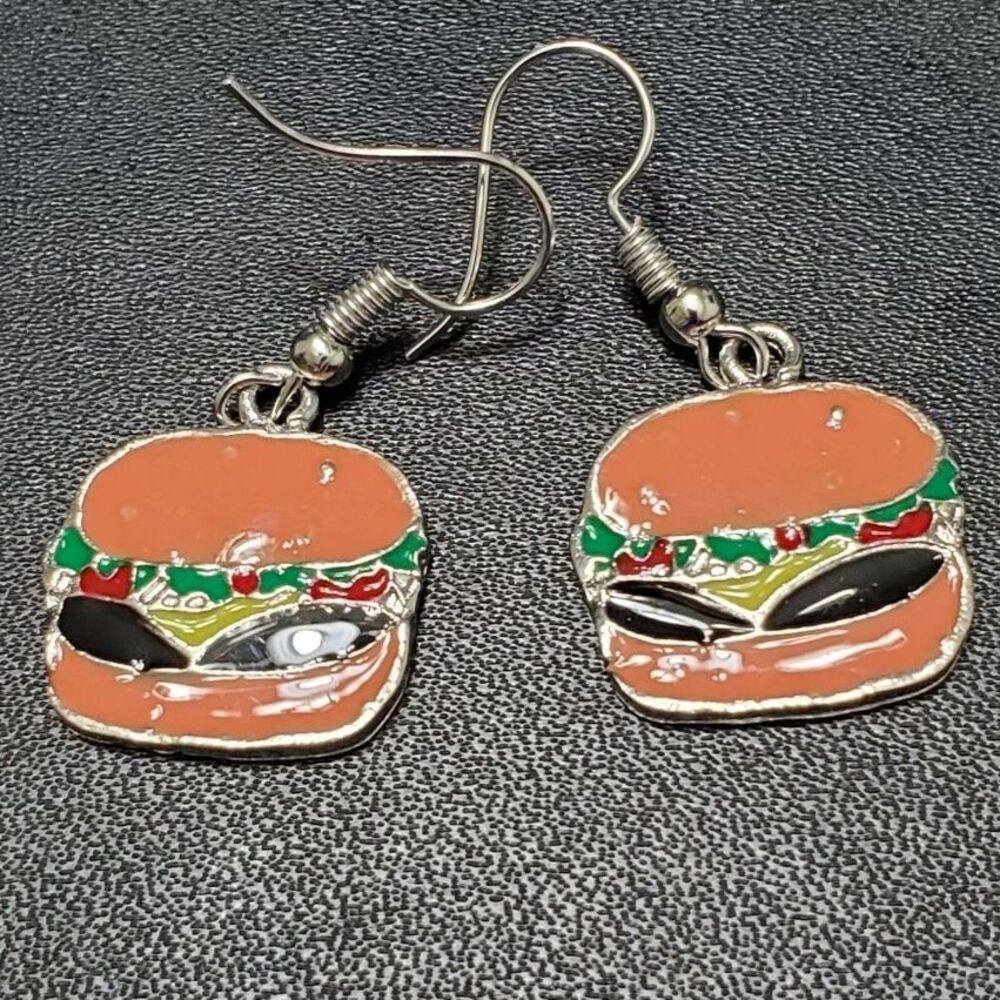 Silver tone enamel cheeseburger earrings